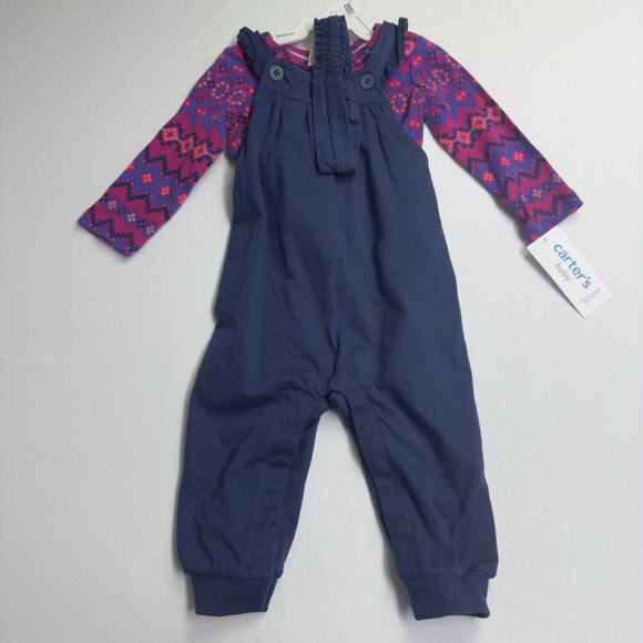 Carter's Long Sleeve Shirt, Overalls & Headband Set Baby Girl 9M Dark Pink Blue - Picture 1 of 4